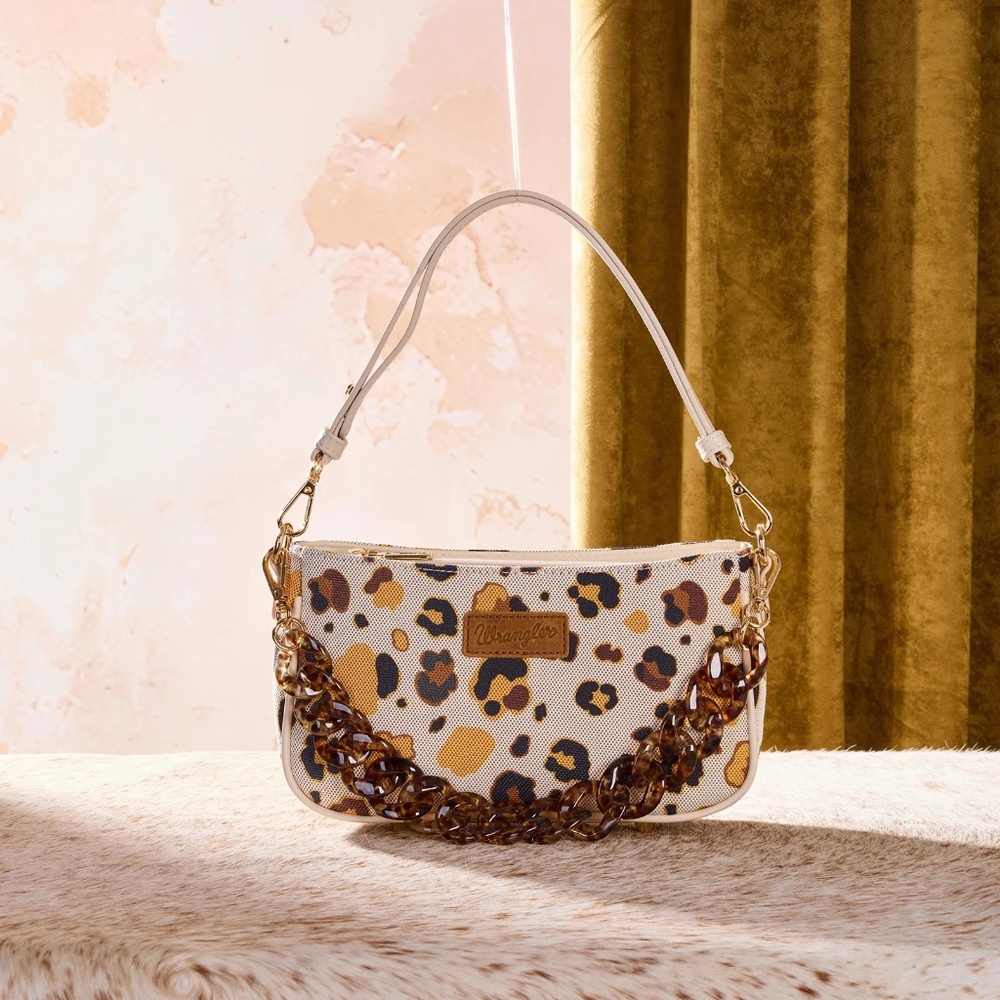 Wrangler Leopard Print Canvas Shoulder Bag with Chain Strap Beige